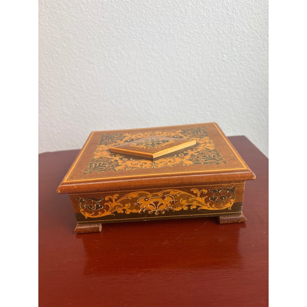 Vintage Marquetry Wood Jewelry Box Inlay Footed Pink Tufted Satin Lining Trinket - Picture 6 of 8